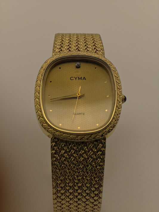 CYMA Gold Plated Quartz Watch | Swiss Made Vintage Watch | Woven Mesh Bracelet | 1980s Elegant Timepiece