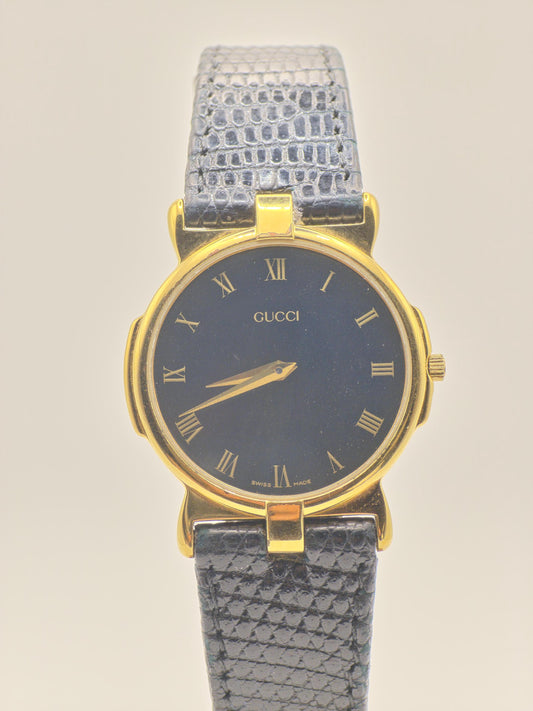 Gucci 3400 Gold Plated Quartz Watch | 1980s Swiss Made | Black Roman Dial | Vintage Dress Watch