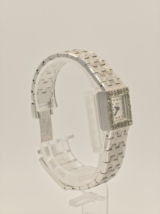 Vintage YEMA Watch Ladies Square Case Stone Accent Mesh Bracelet Silver Tone French Swiss Made Dress Watch