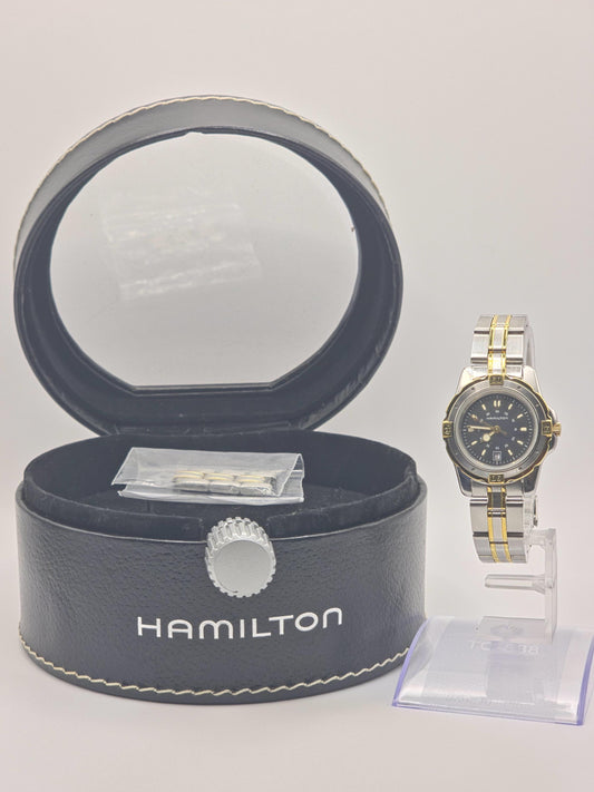 Vintage Hamilton Two-Tone Watch | Swiss Quartz, Black Dial (Original Box + Links)