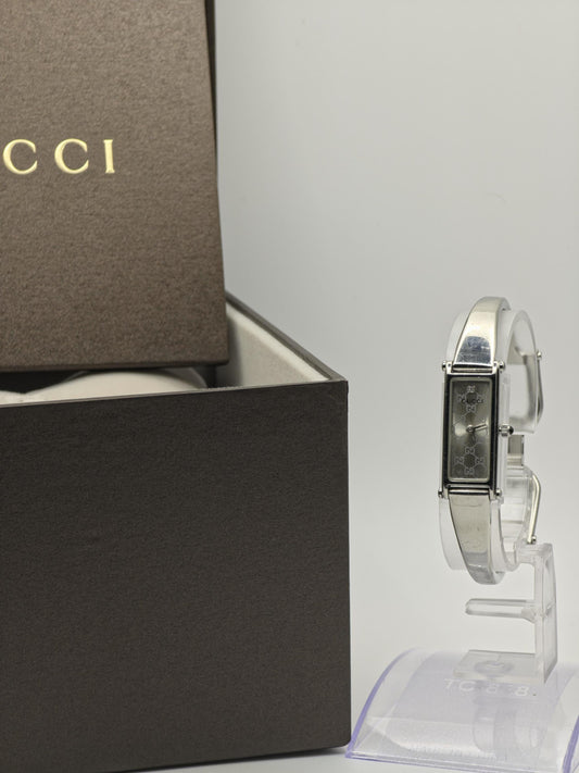 Gucci 1500L Womens Silver Bangle Watch Swiss Made Quartz GG Monogram Dial With Box And Warranty