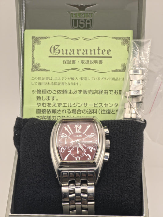 Elgin FK1215SL Chronograph Watch: Stainless Steel, Red Dial, Vintage Style
