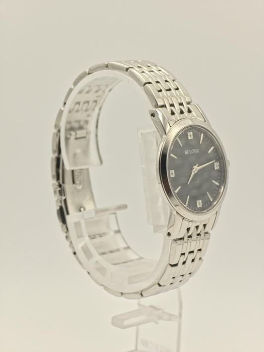 Bulova 96P148 Ladies Stainless Steel Sapphire Glass Black Dial Quartz Wristwatch Elegant Classic Dress Watch
