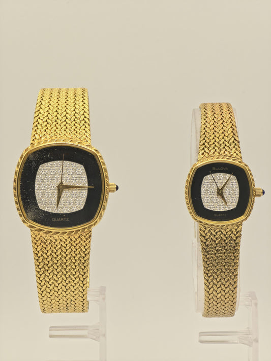 Vintage Bulova Couple Watch Set | Gold-Tone Diamond-Style Dial, Swiss Quartz