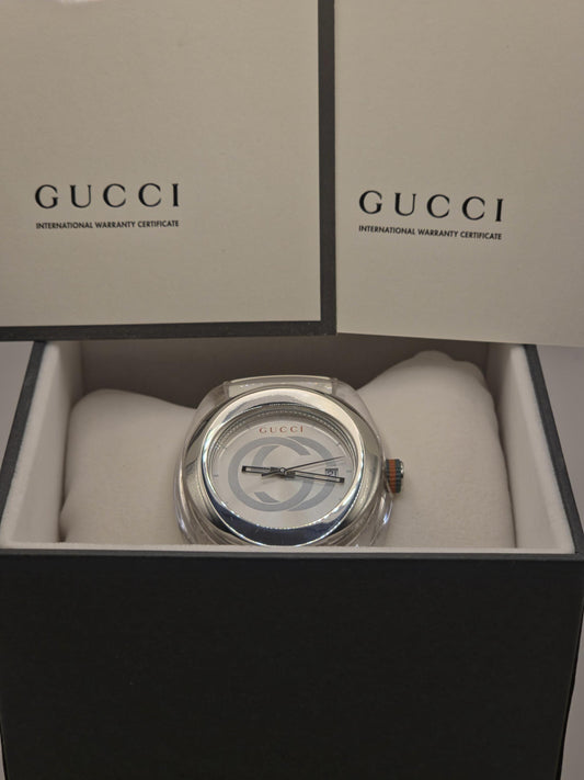 Gucci Sync White Mens Watch Swiss Quartz Silver Dial Rubber Strap Box Papers Modern Designer Sports Style