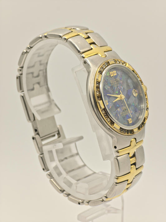 Elgin FK535-A Opal Dial Ladies Watch – Two-Tone Steel – Diamond Accent Bezel – Swiss Quartz Vintage