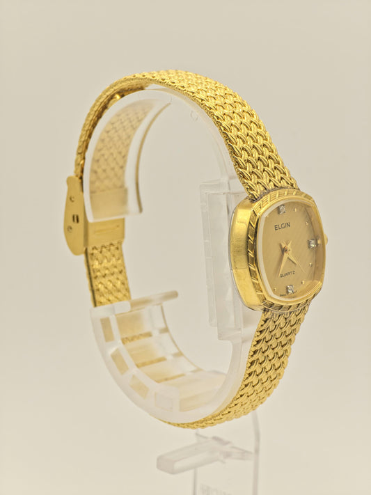 Elgin FK267 – Vintage Swiss Ladies’ Watch – Gold-Tone Weave Bracelet – Diamond-Style Indices – Quartz