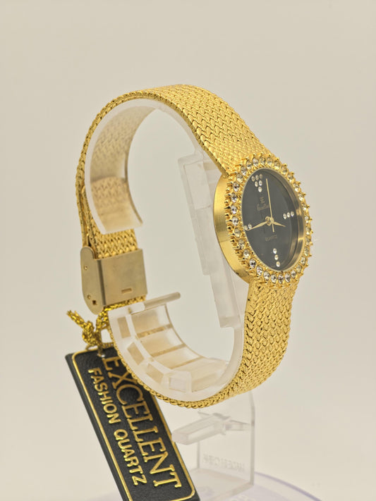 Vintage JE Excellent Quartz Gold Tone Watch Black Dial Crystal Bezel Japan Movt Unisex - 4