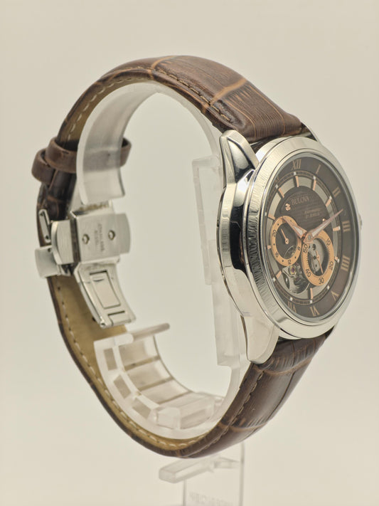 Bulova 96A120 Automatic Skeleton Watch Brown Dial Open Heart Leather Strap Japan Movt - 6