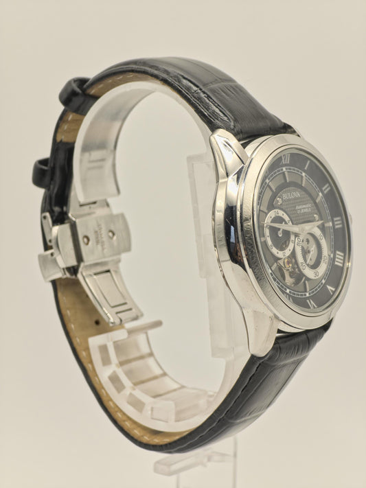 Bulova 96A135 Automatic Skeleton Watch Black Dial Roman Numerals Leather Strap Mens - 9