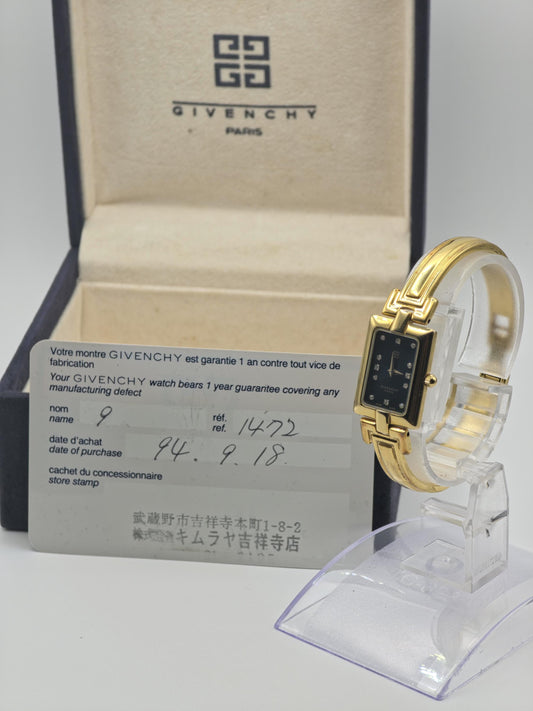 Givenchy Women Quartz Watch Gold Tone Bracelet Black Dial Diamonds | - 104