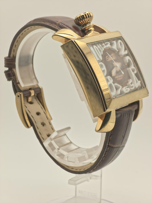 Vintage GaGa Milano Manuale Men's Watch Brown Dial Gold Tone Case Leather Strap Italy - 349
