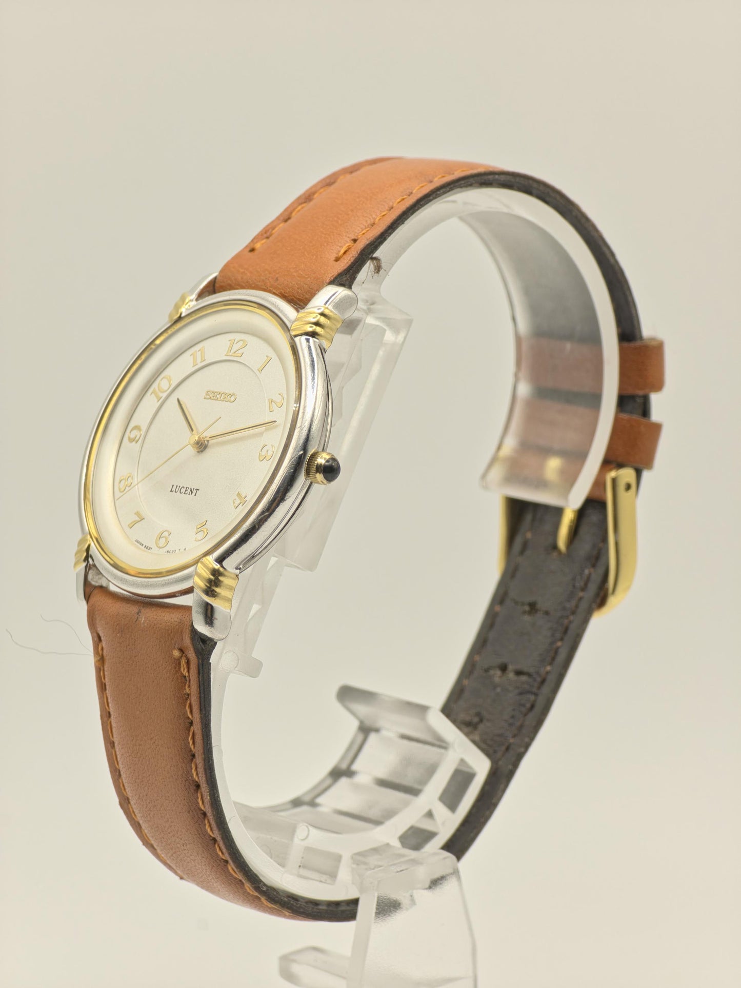 Vintage Seiko Lucent Quartz Two-Tone Brown Leather Men's Watch 1995 Award - 396