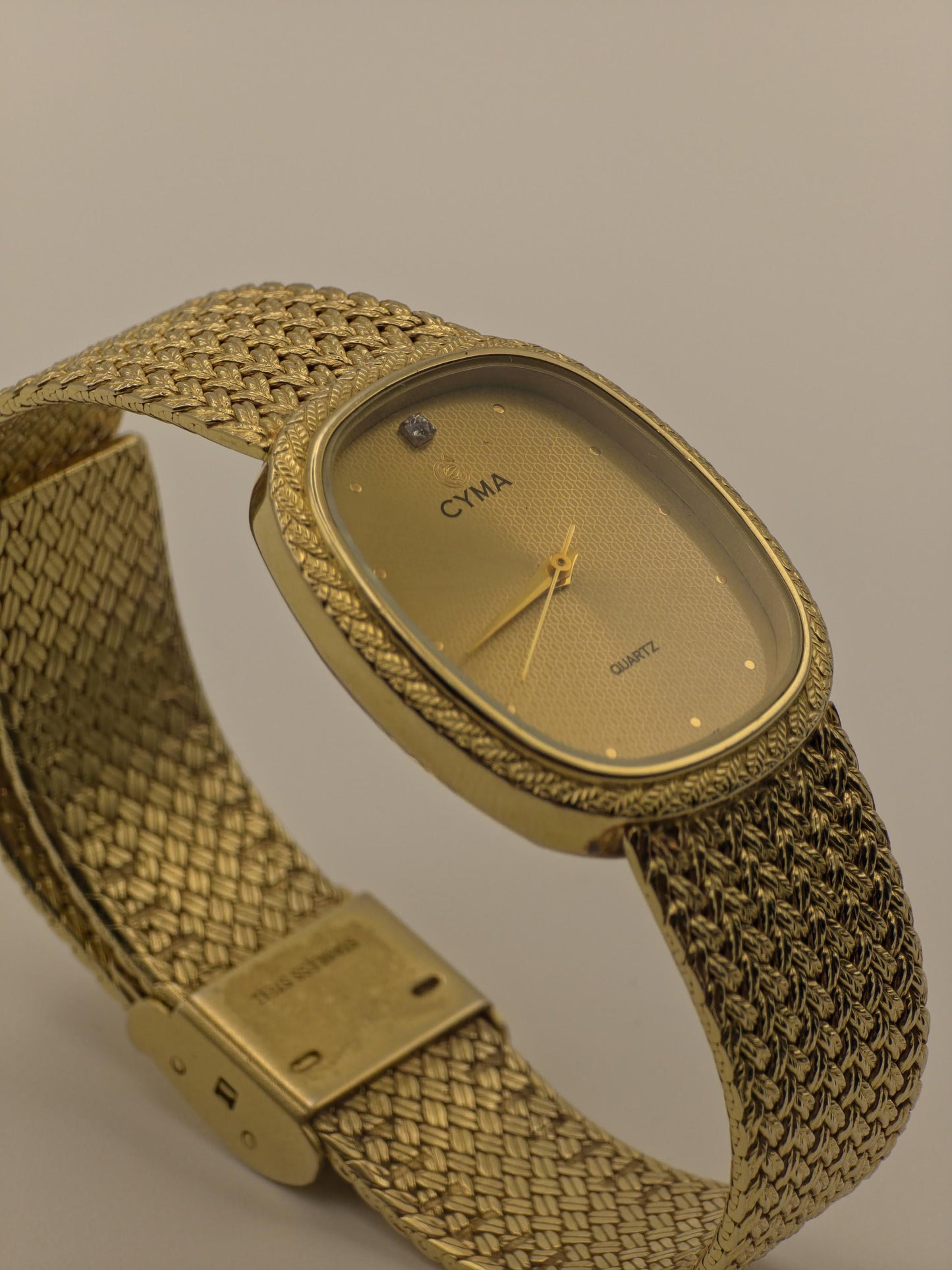 CYMA Gold Plated Quartz Watch | Swiss Made Vintage Watch | Woven Mesh Bracelet | 1980s Elegant Timepiece