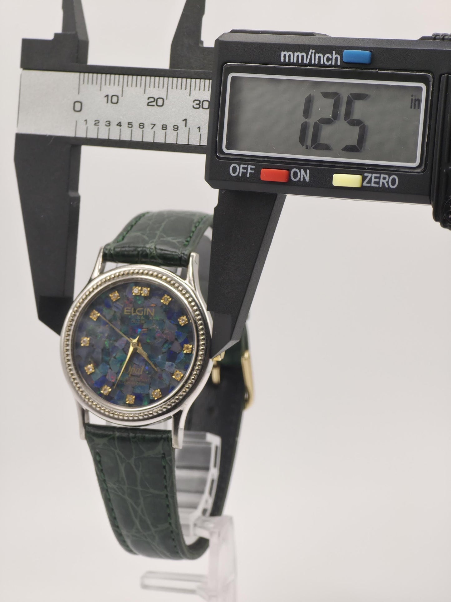 Vintage Elgin Opal Dial Watch – USA Made, Green Leather