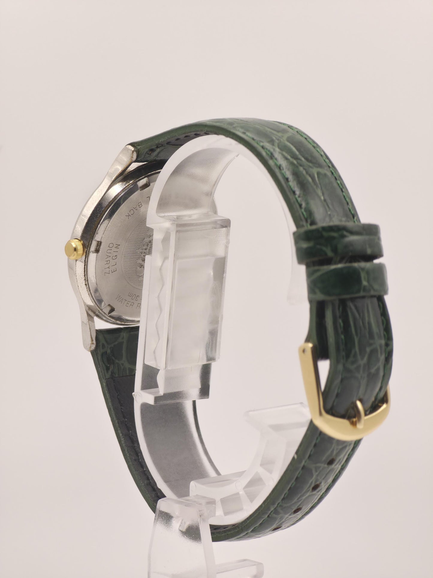 Vintage Elgin Opal Dial Watch – USA Made, Green Leather