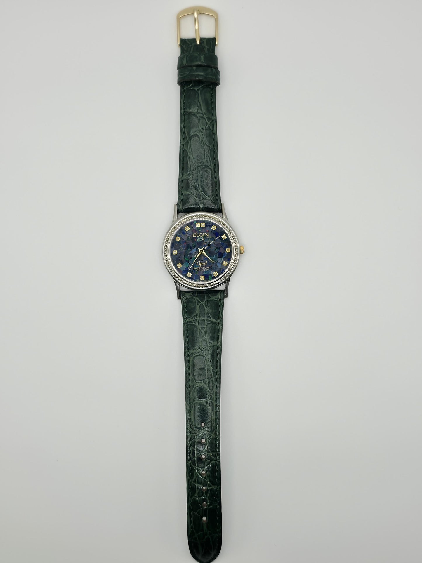 Vintage Elgin Opal Dial Watch – USA Made, Green Leather