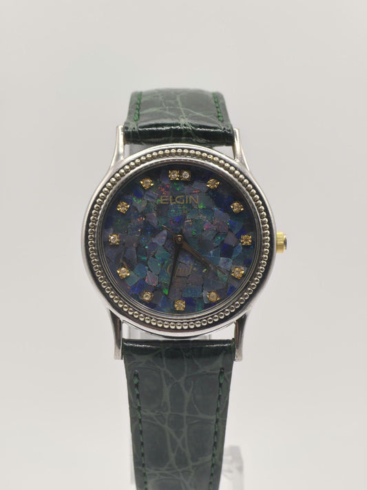 Vintage Elgin Opal Dial Watch – USA Made, Green Leather