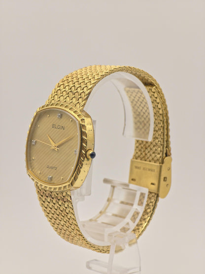 Vintage Elgin Swiss Quartz Gold-Tone Dress Watch – Diamond Index Dial & Textured Mesh Bracelet – 1980s Swiss Made