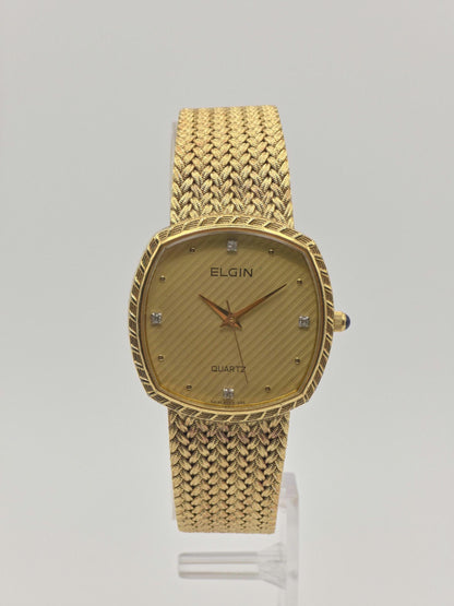 Vintage Elgin Swiss Quartz Gold-Tone Dress Watch – Diamond Index Dial & Textured Mesh Bracelet – 1980s Swiss Made