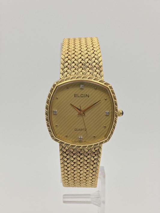 Vintage Elgin Swiss Quartz Gold-Tone Dress Watch – Diamond Index Dial & Textured Mesh Bracelet – 1980s Swiss Made