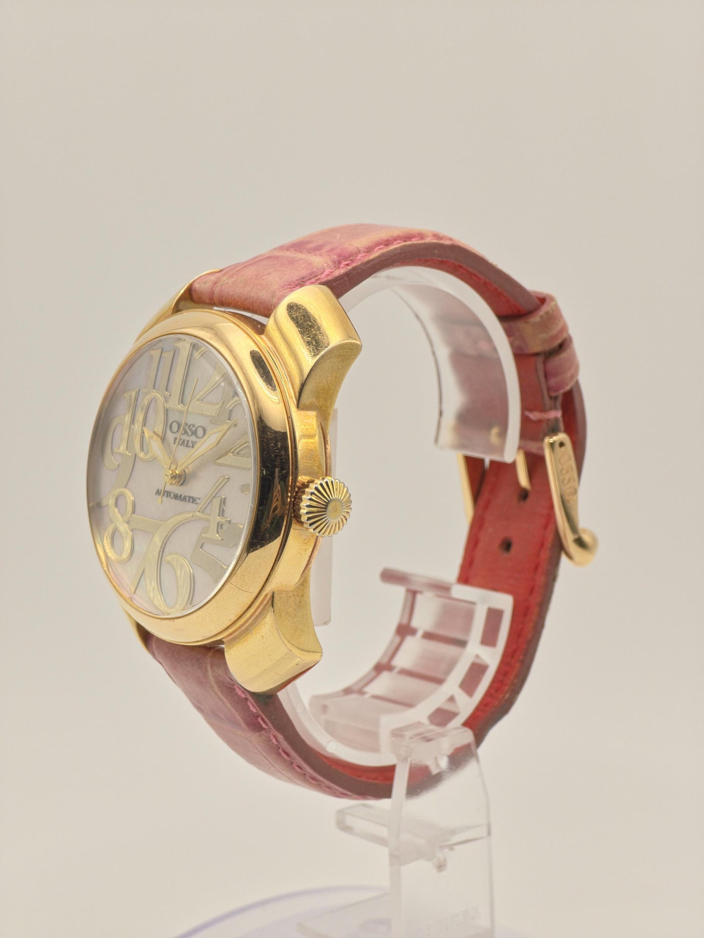 OSSO ITALY Automatic mens Watch – Gold Case, Pink Leather Strap, Box & Warranty