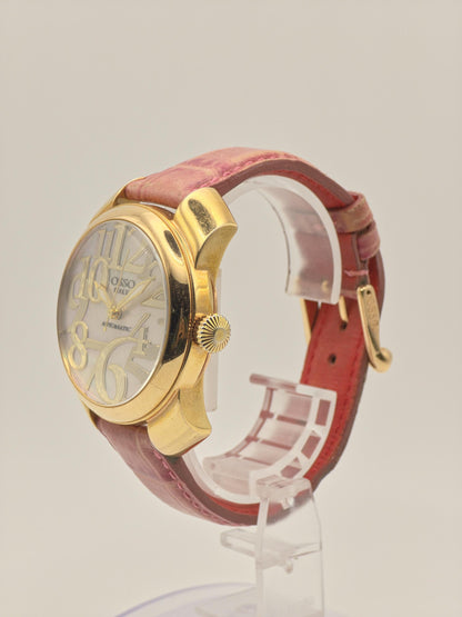 OSSO ITALY Automatic mens Watch – Gold Case, Pink Leather Strap, Box & Warranty