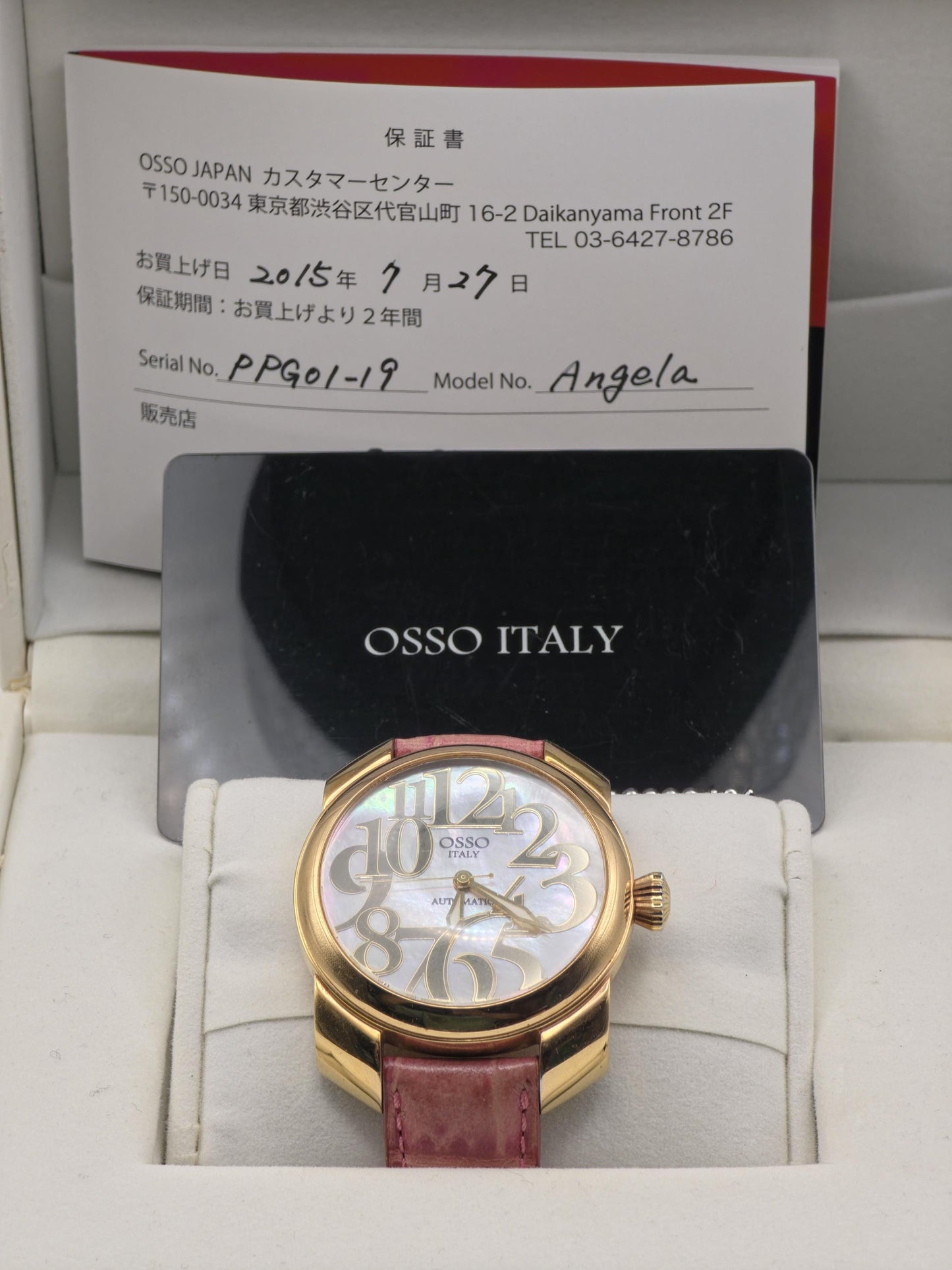 OSSO ITALY Automatic mens Watch – Gold Case, Pink Leather Strap, Box & Warranty