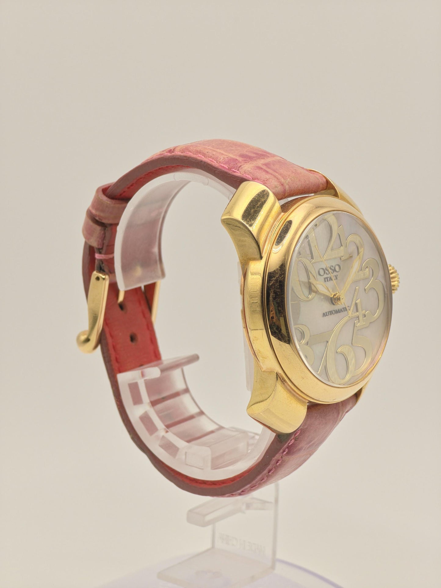 OSSO ITALY Automatic mens Watch – Gold Case, Pink Leather Strap, Box & Warranty