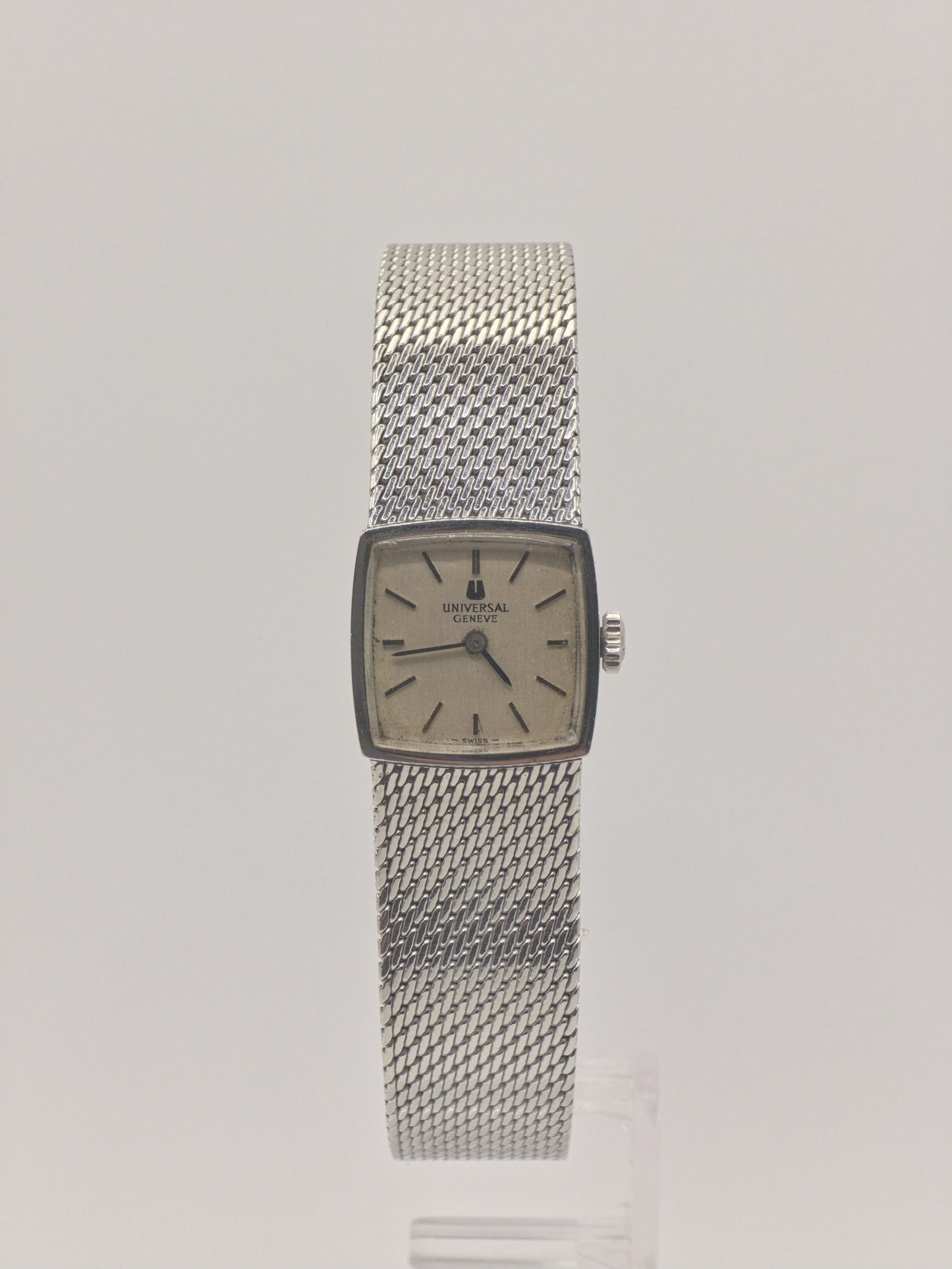 Vintage Universal Genève Ladies Watch, Square Milanese Bracelet, Swiss Made