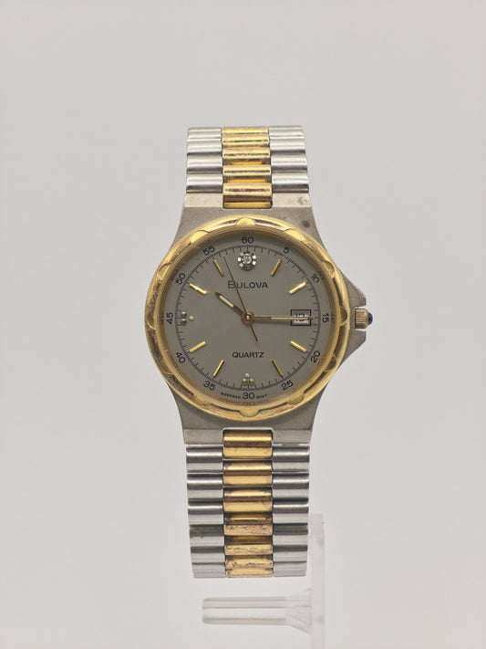 Vintage BULOVA Quartz Watch, Diamond Accent, Two-Tone Steel Gold Bracelet