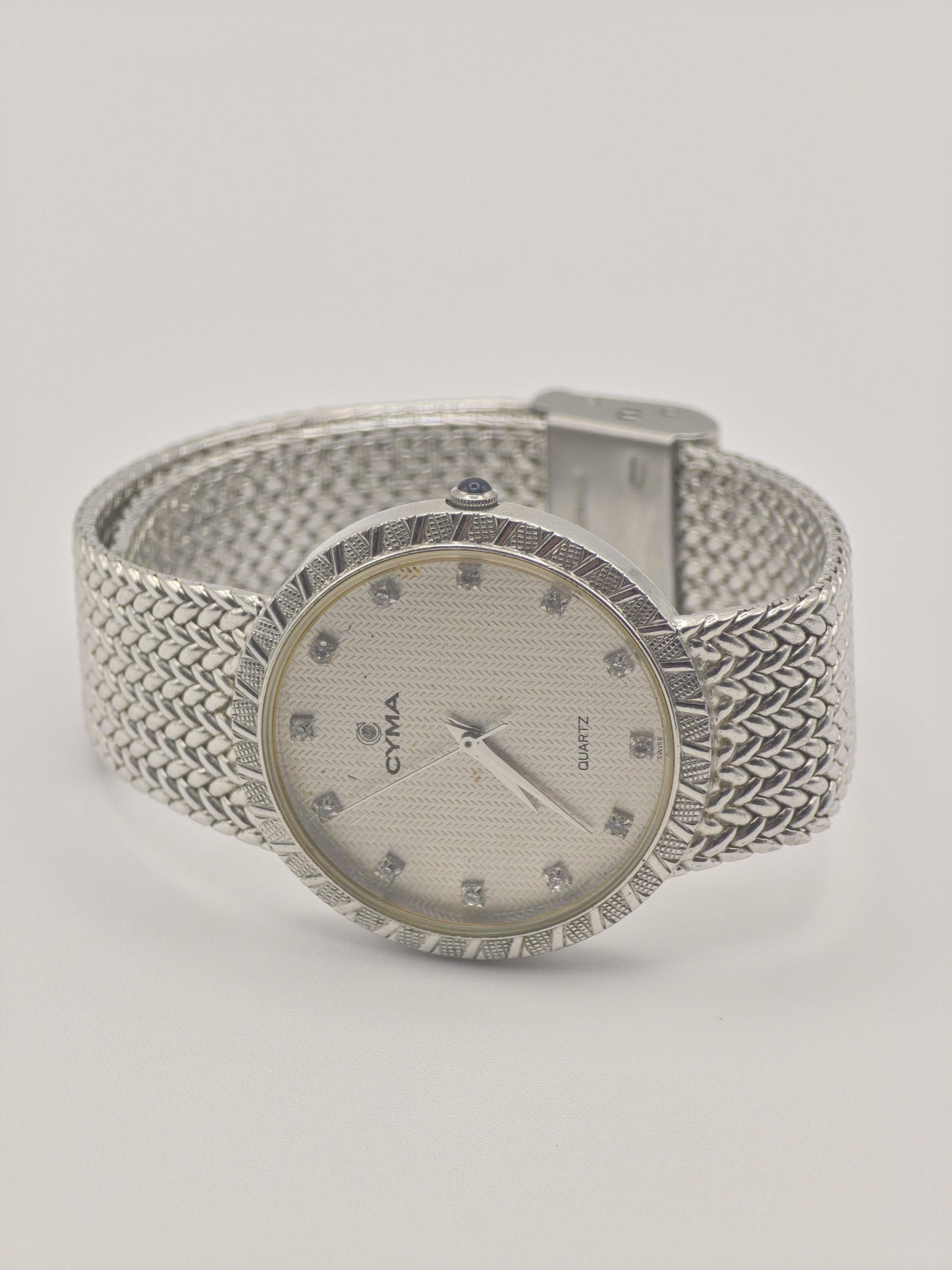 Vintage CYMA Quartz Watch Ladies Diamond Accent Mesh Bracelet Slim Swiss Made Gold Plated Dress Watch Gift