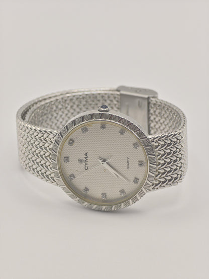 Vintage CYMA Quartz Watch Ladies Diamond Accent Mesh Bracelet Slim Swiss Made Gold Plated Dress Watch Gift