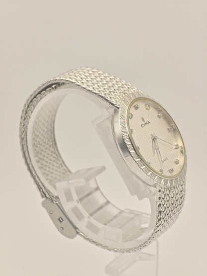 Vintage CYMA Quartz Watch Ladies Diamond Accent Mesh Bracelet Slim Swiss Made Gold Plated Dress Watch Gift