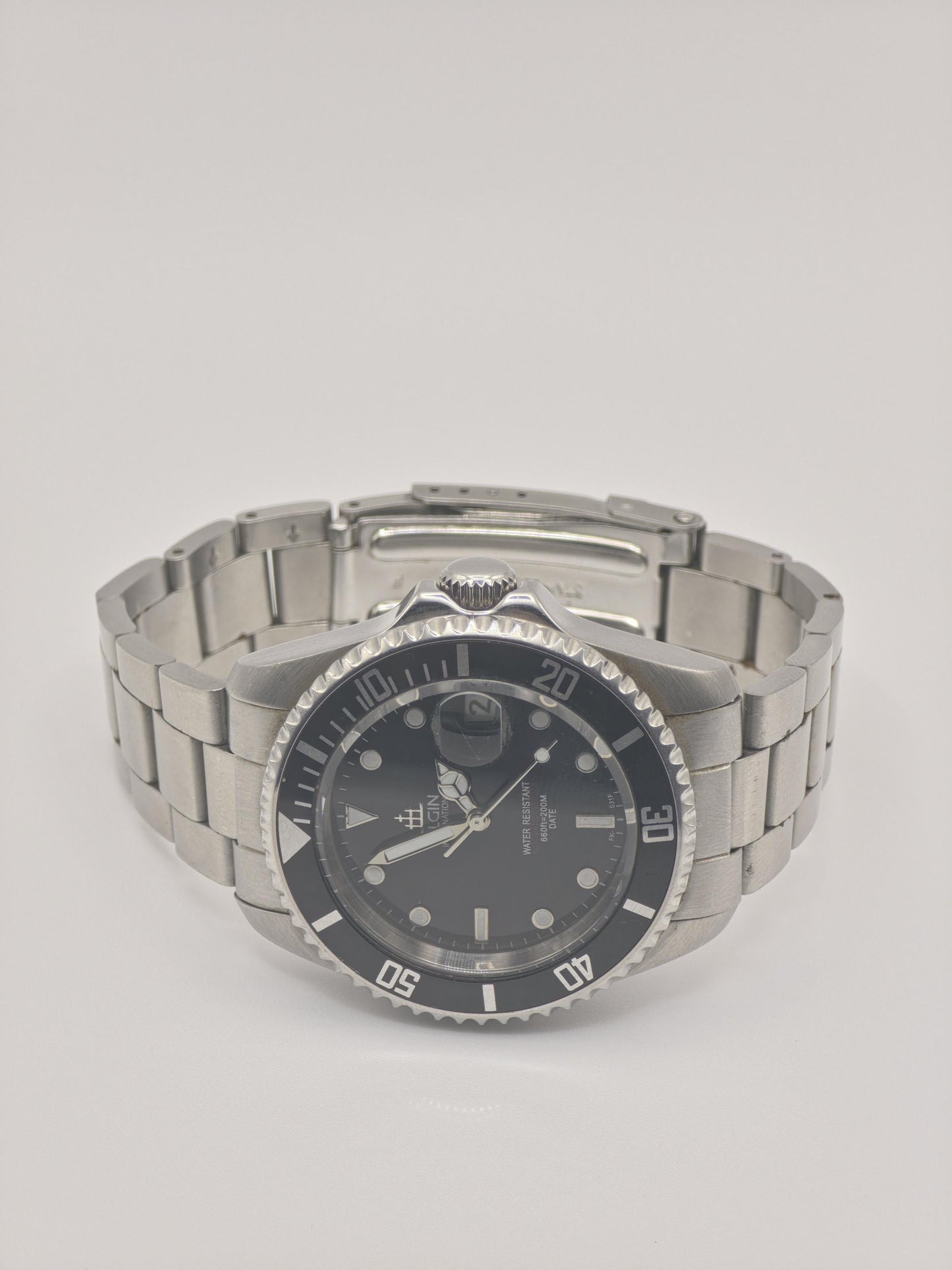 ELGIN Diver Watch Men's Black Bezel Steel Bracelet Quartz Professional Sports Timepiece Classic Gift