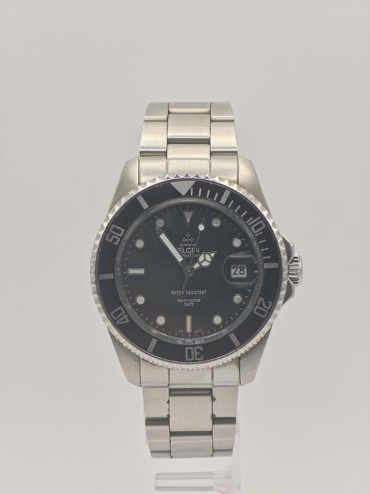 ELGIN Diver Watch Men's Black Bezel Steel Bracelet Quartz Professional Sports Timepiece Classic Gift