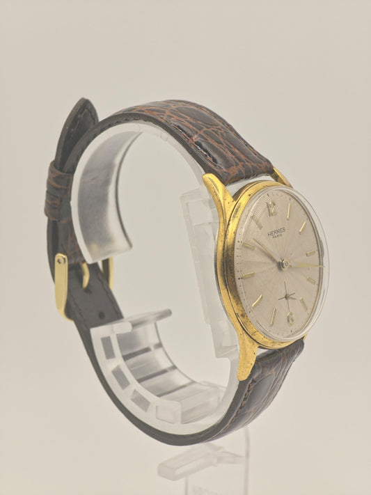 Vintage HERMES PARIS Manual Wind Watch Men's Gold Plated Brown Strap Sunburst Dial Swiss Made Dress Watch Gift
