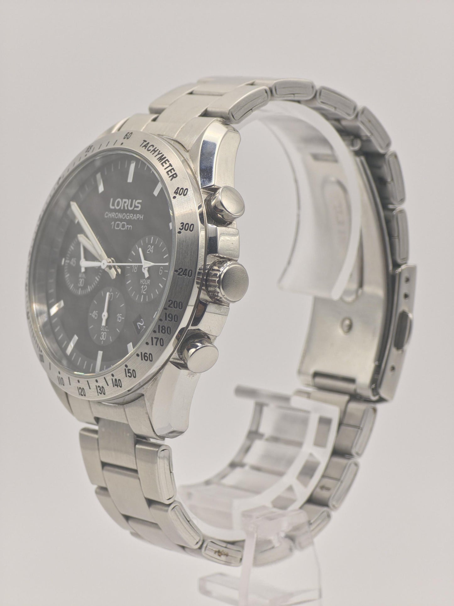 LORUS Chronograph Watch: Black Dial, Stainless Steel Tachymeter, 100M