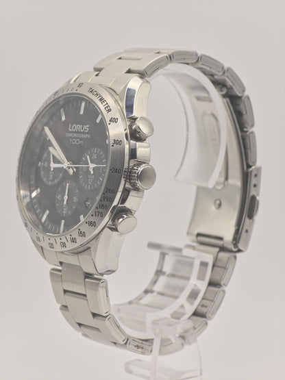 LORUS Chronograph Watch: Black Dial, Stainless Steel Tachymeter, 100M