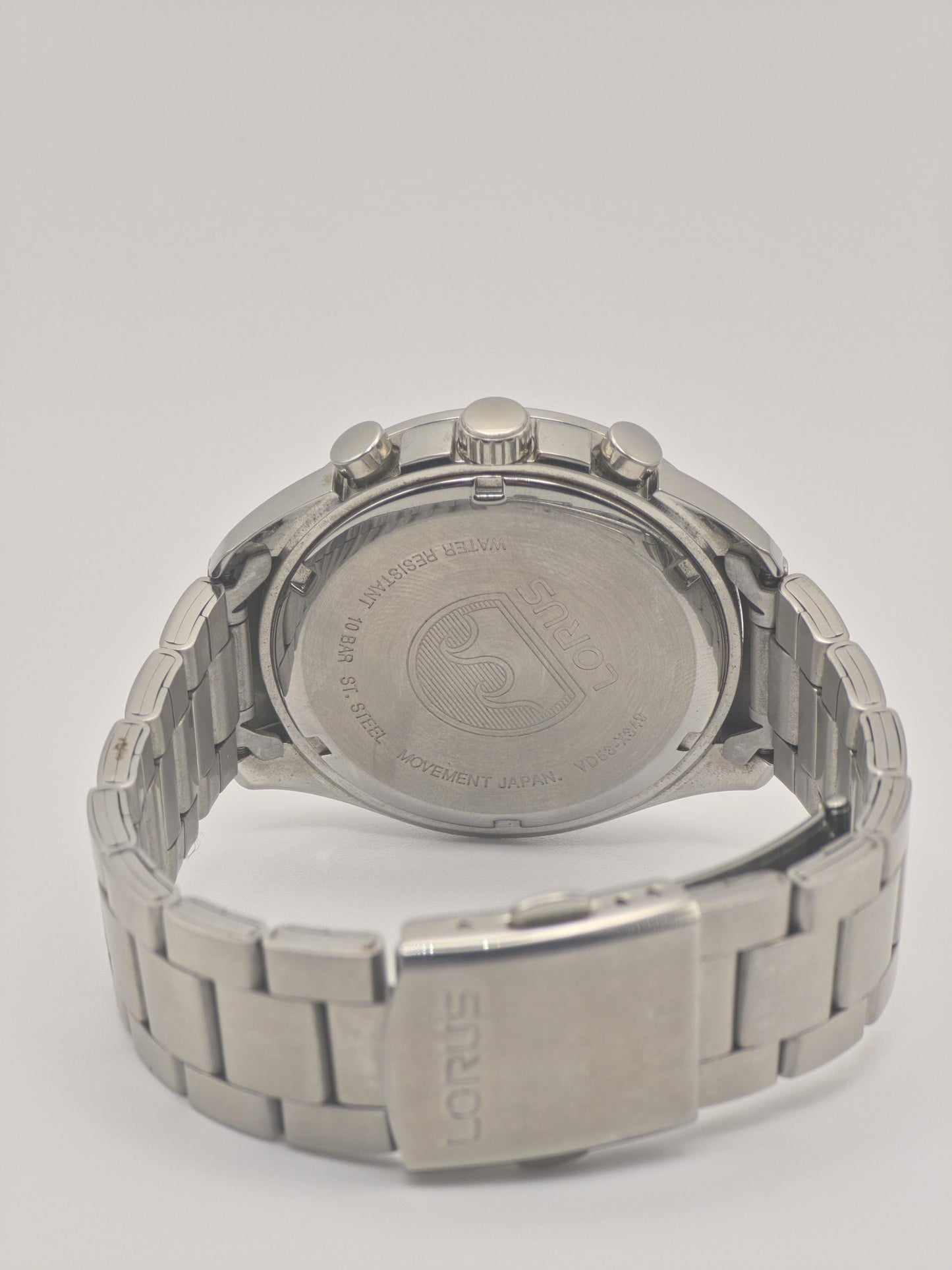 LORUS Chronograph Watch: Black Dial, Stainless Steel Tachymeter, 100M
