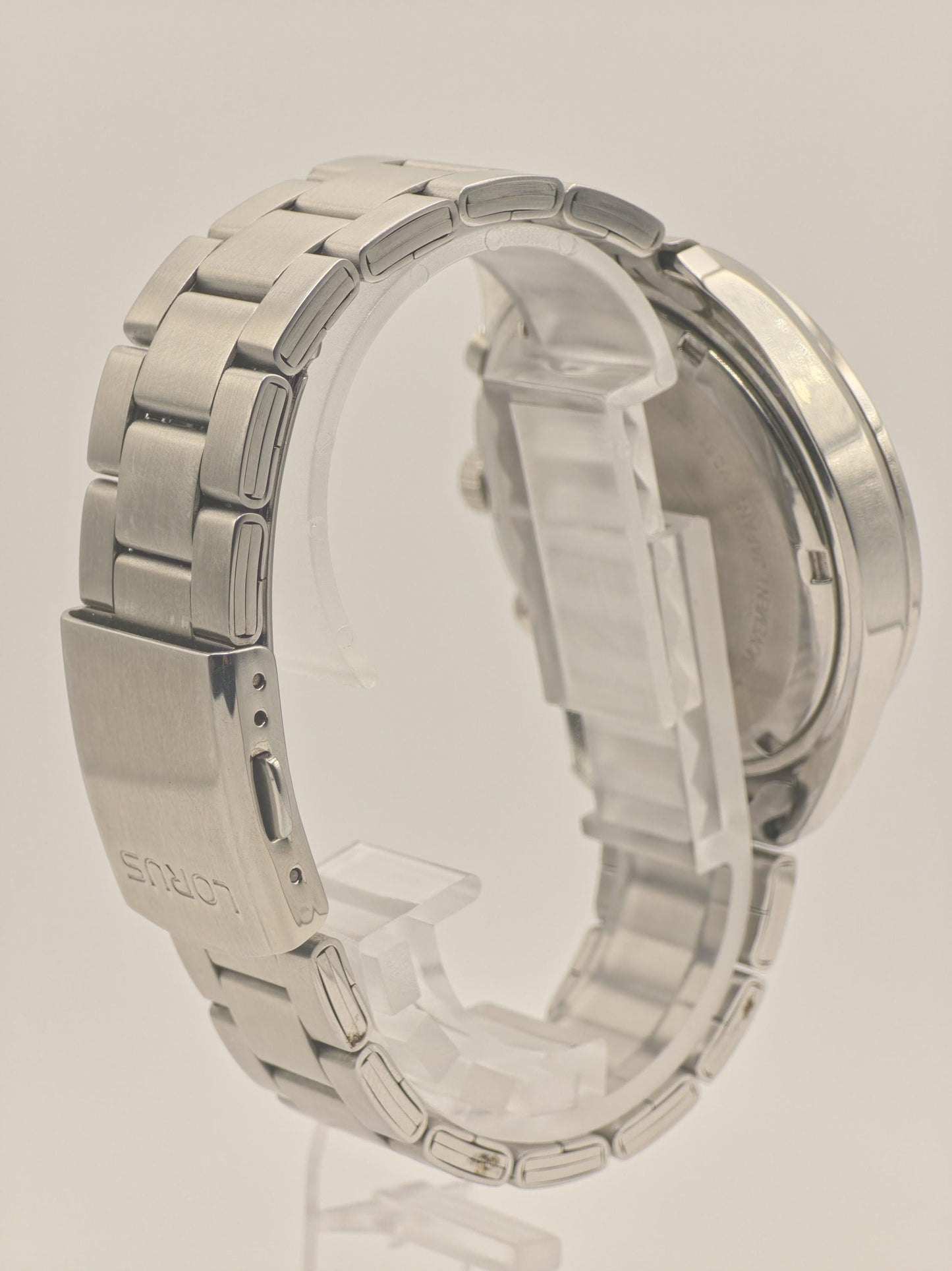 LORUS Chronograph Watch: Black Dial, Stainless Steel Tachymeter, 100M