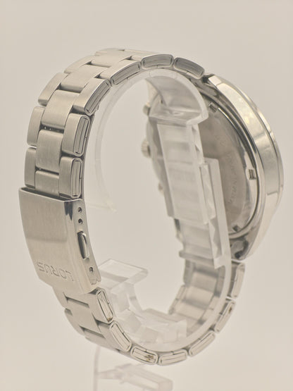 LORUS Chronograph Watch: Black Dial, Stainless Steel Tachymeter, 100M