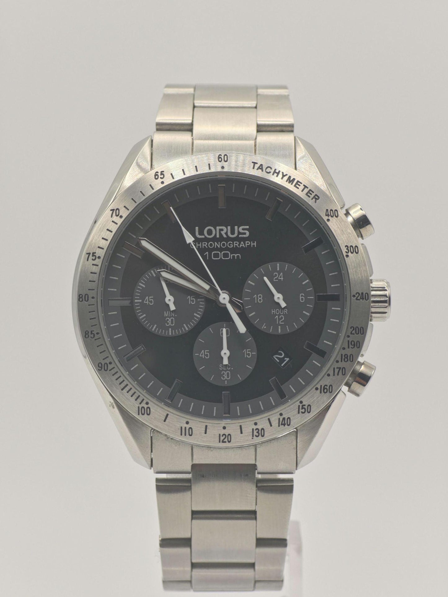 LORUS Chronograph Watch: Black Dial, Stainless Steel Tachymeter, 100M
