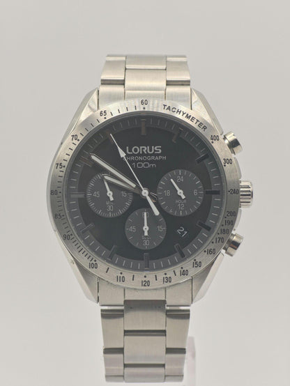 LORUS Chronograph Watch: Black Dial, Stainless Steel Tachymeter, 100M