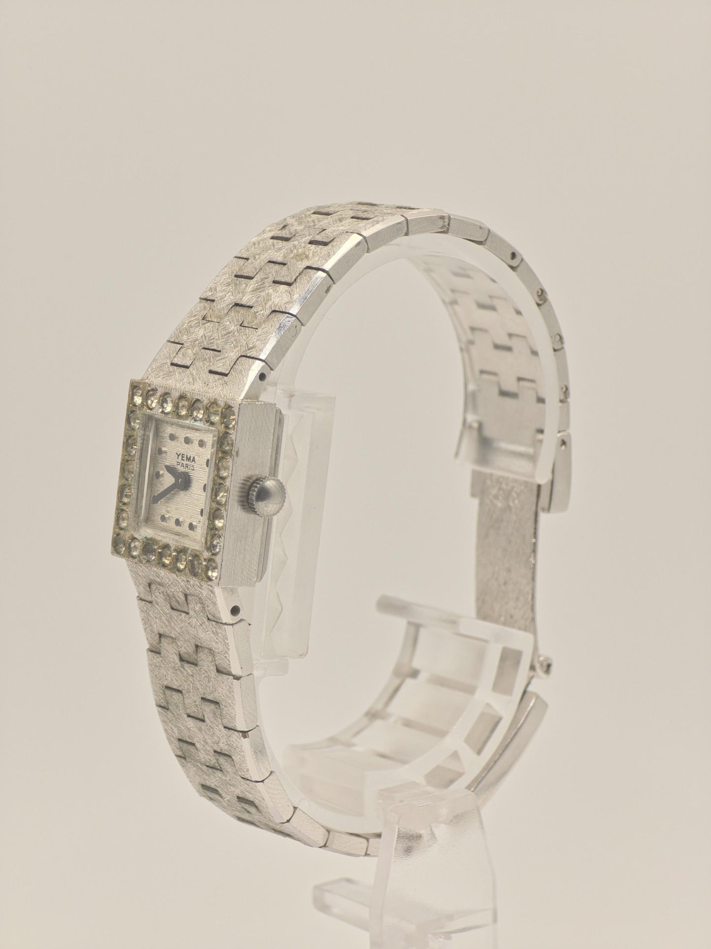 Vintage YEMA Watch Ladies Square Case Stone Accent Mesh Bracelet Silver Tone French Swiss Made Dress Watch