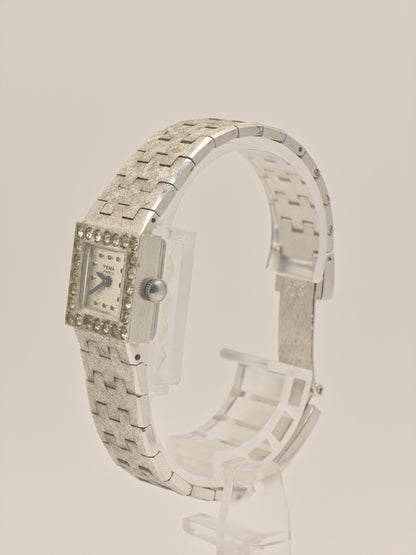 Vintage YEMA Watch Ladies Square Case Stone Accent Mesh Bracelet Silver Tone French Swiss Made Dress Watch