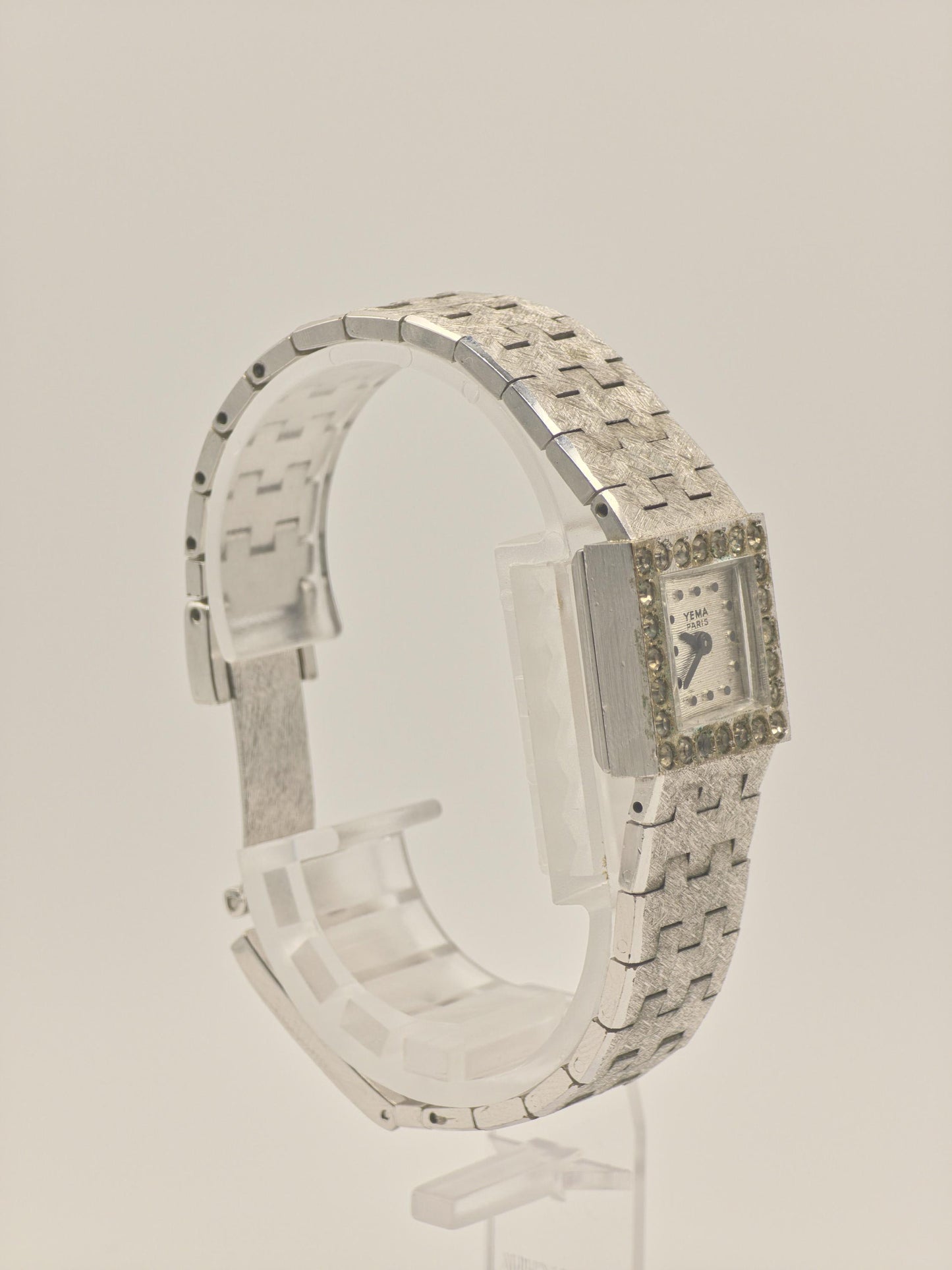 Vintage YEMA Watch Ladies Square Case Stone Accent Mesh Bracelet Silver Tone French Swiss Made Dress Watch