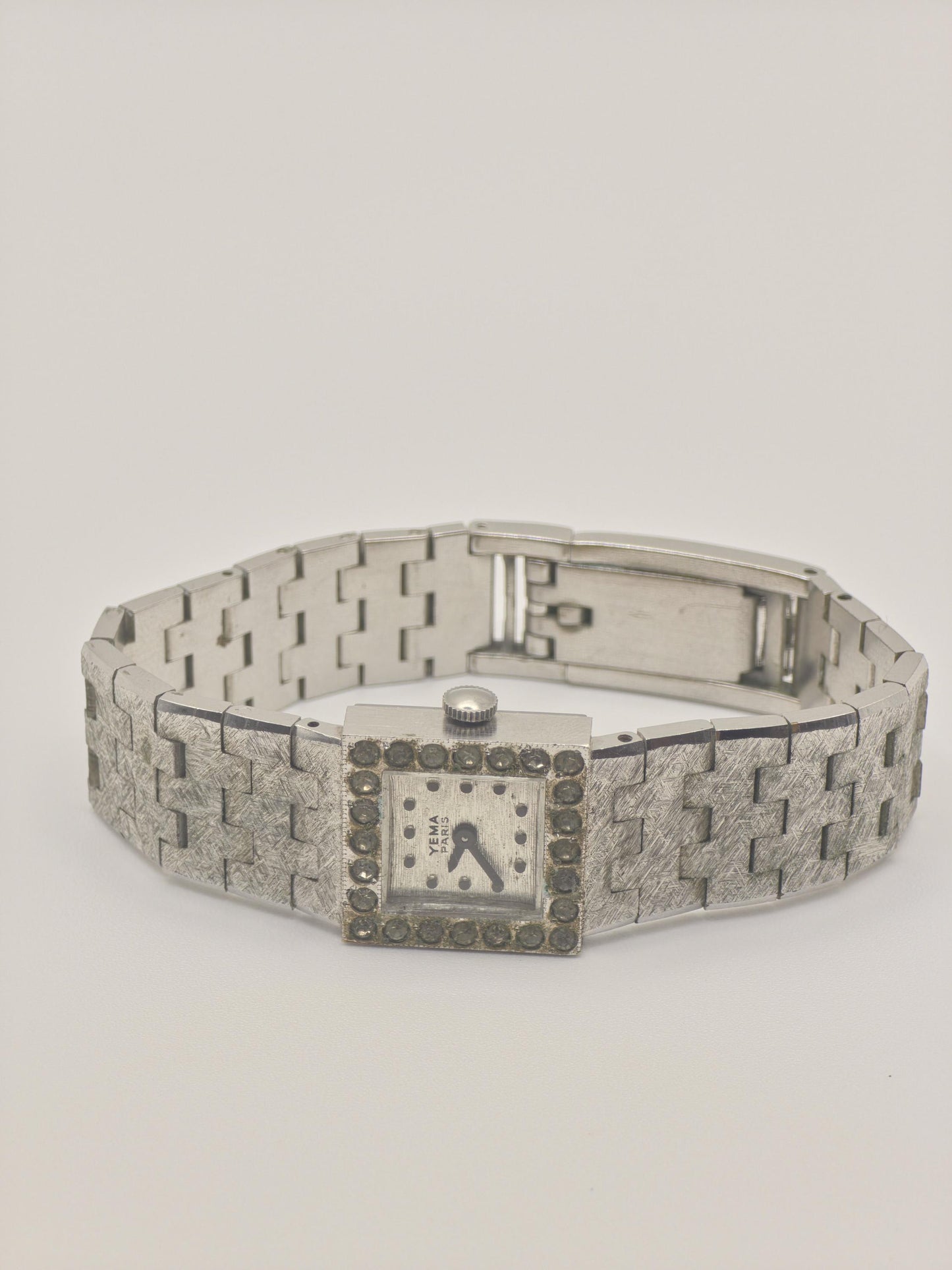Vintage YEMA Watch Ladies Square Case Stone Accent Mesh Bracelet Silver Tone French Swiss Made Dress Watch