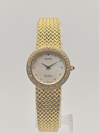 Vintage SEIKO Excelsior Ladies Watch: Gold Tone Diamond, Mother of Pearl