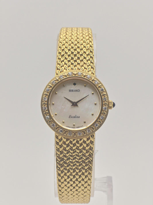 Vintage SEIKO Excelsior Ladies Watch: Gold Tone Diamond, Mother of Pearl